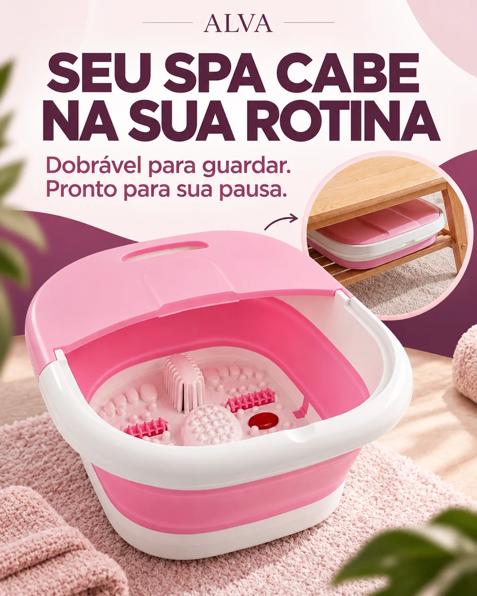 O seu spa cabe na sua rotina. Depois do uso, dobre e guarde em um armário, sob a cama ou em outro espaço seco. Praticidade para casas e rotinas de todos os tamanhos.